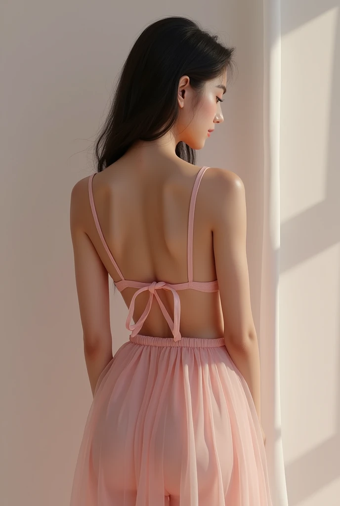 (Photorealism:1.2), Beautiful Woman wearing Light Pink Dress , girl's Back side, showing Her breast with bra, Skin Glowing,
Big breast