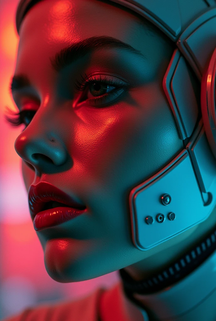 a close-up of&#39;a sexy woman wearing a futuristic helmet and red lipstick, cyberpunk jackie welles, cg 9 company, style = retro-futurism, beautiful sexy android woman, portrait d&#39;an android woman, retro futuristic fashion, toujours du film Bladerunner, Female cyborg in a data center, Moebius aesthetics, image fixe d&#39;an alien cyborg, représenté comme une scène de science-fiction . photorealiste, 8k