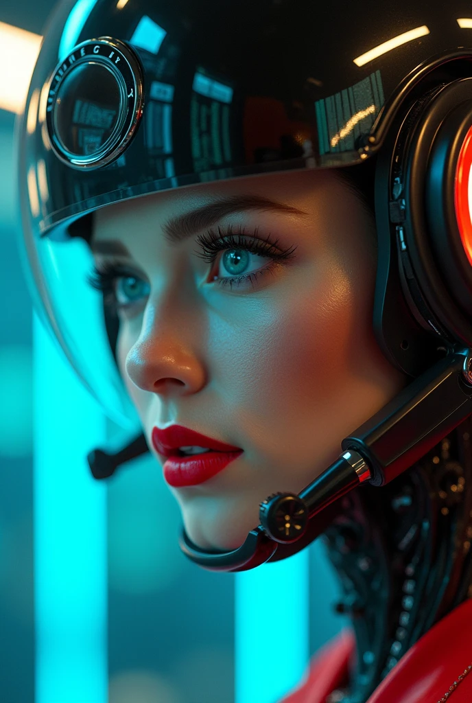 a close-up of'a sexy woman wearing a futuristic helmet and red lipstick, cyberpunk jackie welles, cg 9 company, style = retro-futurism, beautiful sexy android woman, portrait d'an android woman, retro futuristic fashion, toujours du film Bladerunner, Female cyborg in a data center, Moebius aesthetics, image fixe d'an alien cyborg, représenté comme une scène de science-fiction . photorealiste, 8k