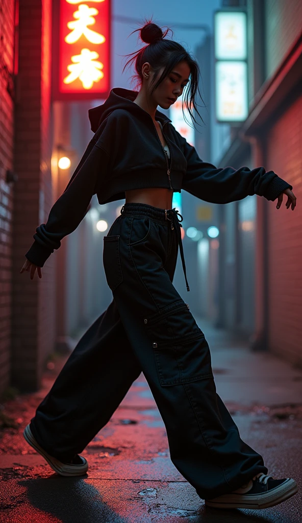 1990s , 1 asian female, 90s streetstyle hiphop fashion, baggy thick edgy loose clothing, Melbourne shuffle shuffling footwork , expressive pose, urban allyway environment, neon lights, cinematic lighting,, extremely detailed, photorealistic, 8k, film grain, dynamic composition, high quality, masterpiece