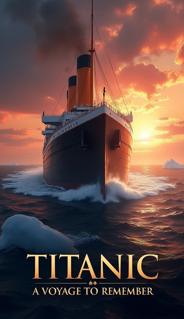 Create an image featuring the phrase "The Titanic: A Voyage to Remember" prominently displayed. The background should depict the majestic Titanic sailing through icy waters, with a dramatic sunset illuminating the scene. Include elements like icebergs in the distance and a sense of grandeur, capturing the essence of the ship's ill-fated maiden voyage.write thr title on image Titanic: A Voyage to Remember" prominently displayed.