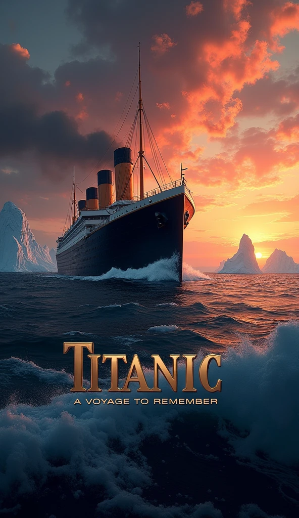 Create an image featuring the phrase "The Titanic: A Voyage to Remember" prominently displayed. The background should depict the majestic Titanic sailing through icy waters, with a dramatic sunset illuminating the scene. Include elements like icebergs in the distance and a sense of grandeur, capturing the essence of the ship's ill-fated maiden voyage.write thr title on image Titanic: A Voyage to Remember" prominently displayed.