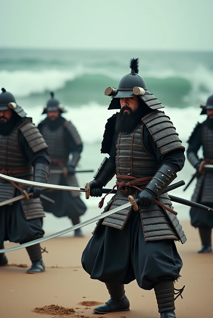 Highest quality、Ultra-high resolution、8k、RAW Photos、Japanese Samurai、group、((Beachバレーを楽しむ))、Expressionless、Beach、warrior、armor、knife、beard、cinematic lightening、Powerful Attack、The judge with a stern expression makes the decision