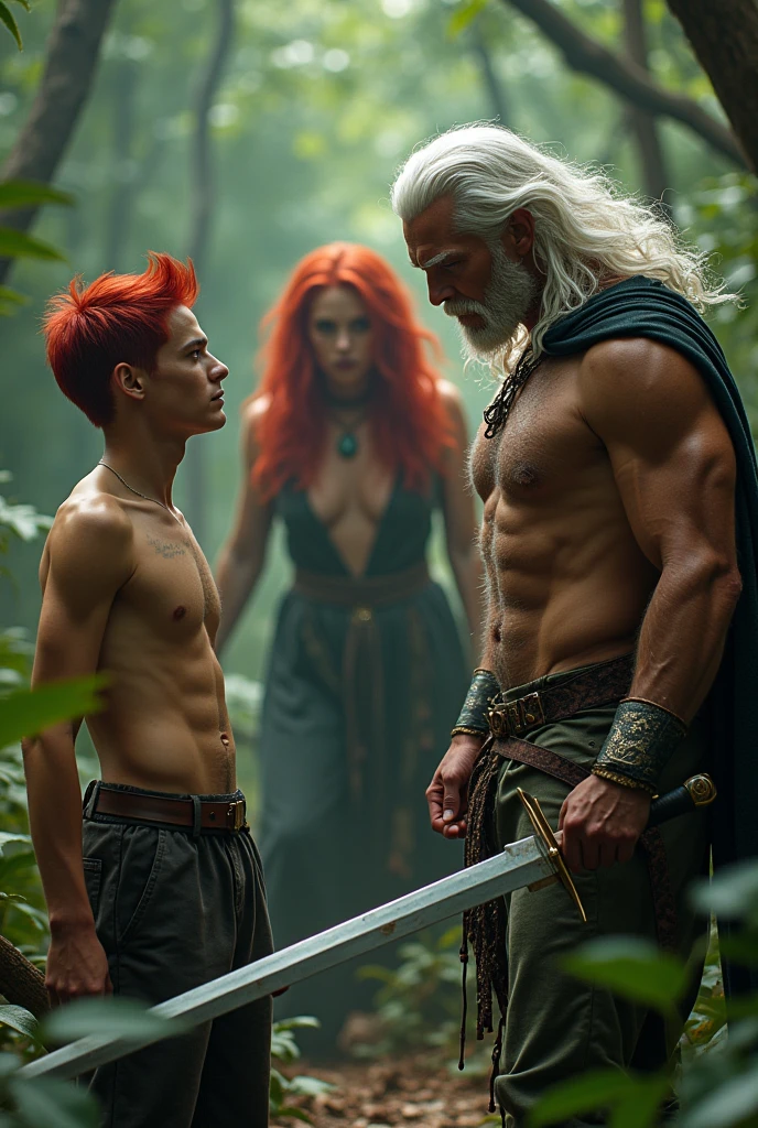 two mens, an 18 year old young man, short red hair and modern clothes, thin body and red hair,  and a man with long white hair and a youthful appearance similar to Henry Cavill, with animal leather pants, bare chest and holding a sword,  muscular and facing a red-haired woman with an evil appearance in the enchanted forest