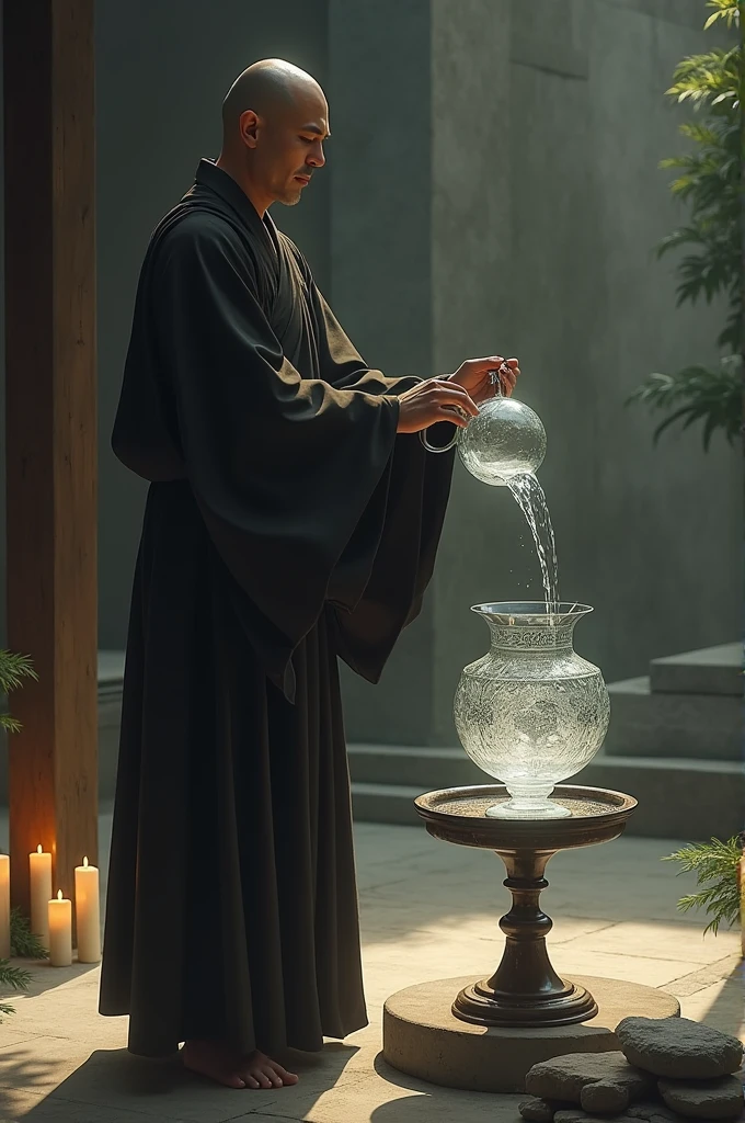 A monk pouring water from an excessive glass