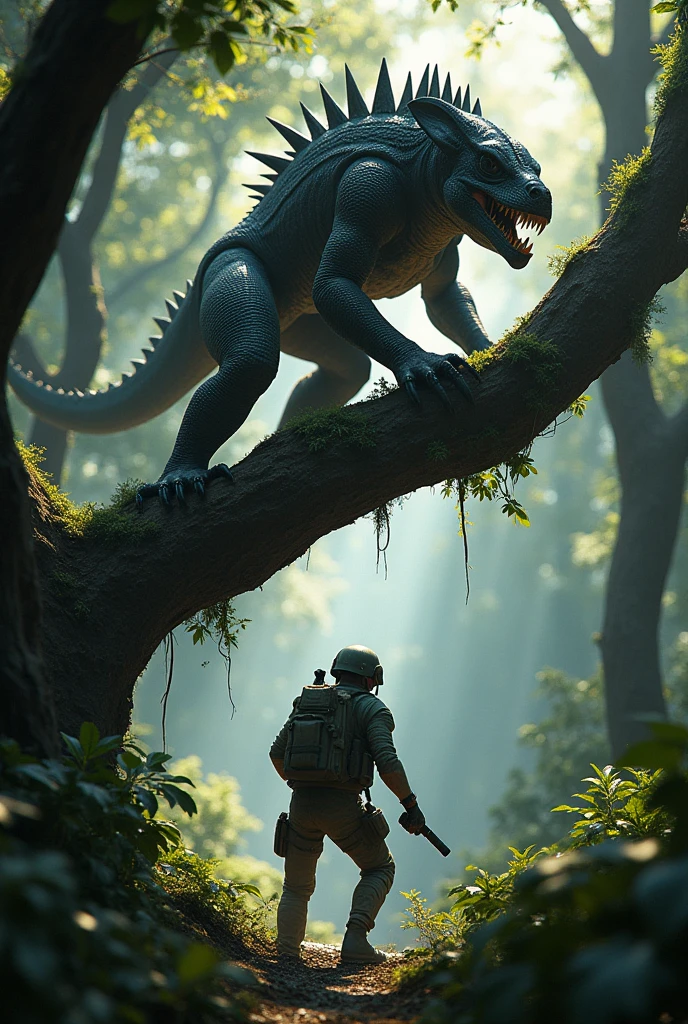 Predator movie character crouched on top of a tall tree branch with a soldier on his back below looking for him