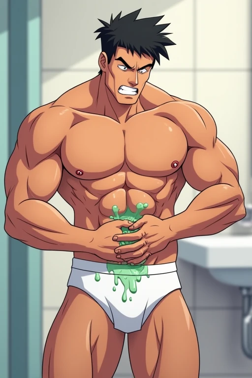 In the morning bathroom, a mascular young man  in his tighty whities is pissing himself. There is a  pissed wet stain on his tighty whities because he is pissing himself. He is holding his crotch to stop peeing. He is pee is still leaking out from his white briefs. He looks embarrassed. Anime.