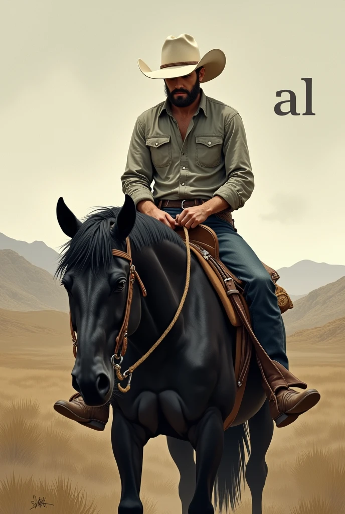 create an illustration of a 20 year old cowboy, sem beard, with a white hat and head down, riding a black quarter horse, with the letters "al" No canto superior direito