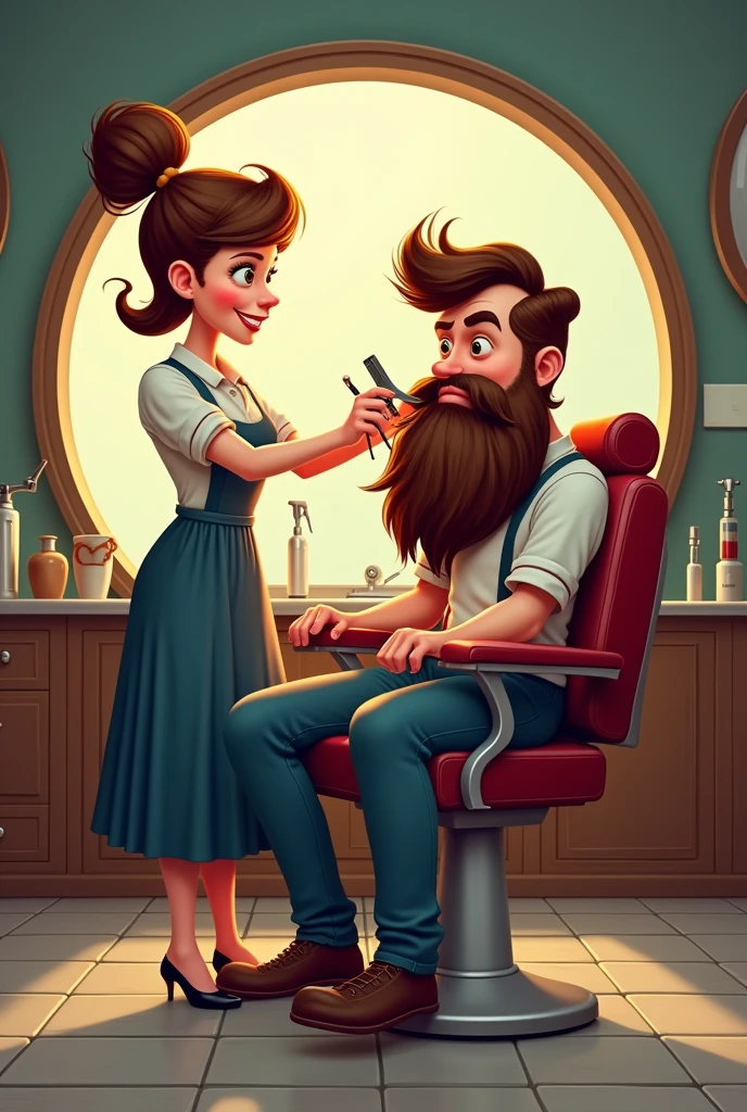 Woman shaving beard of animated man for a barbershop logo with round frame 