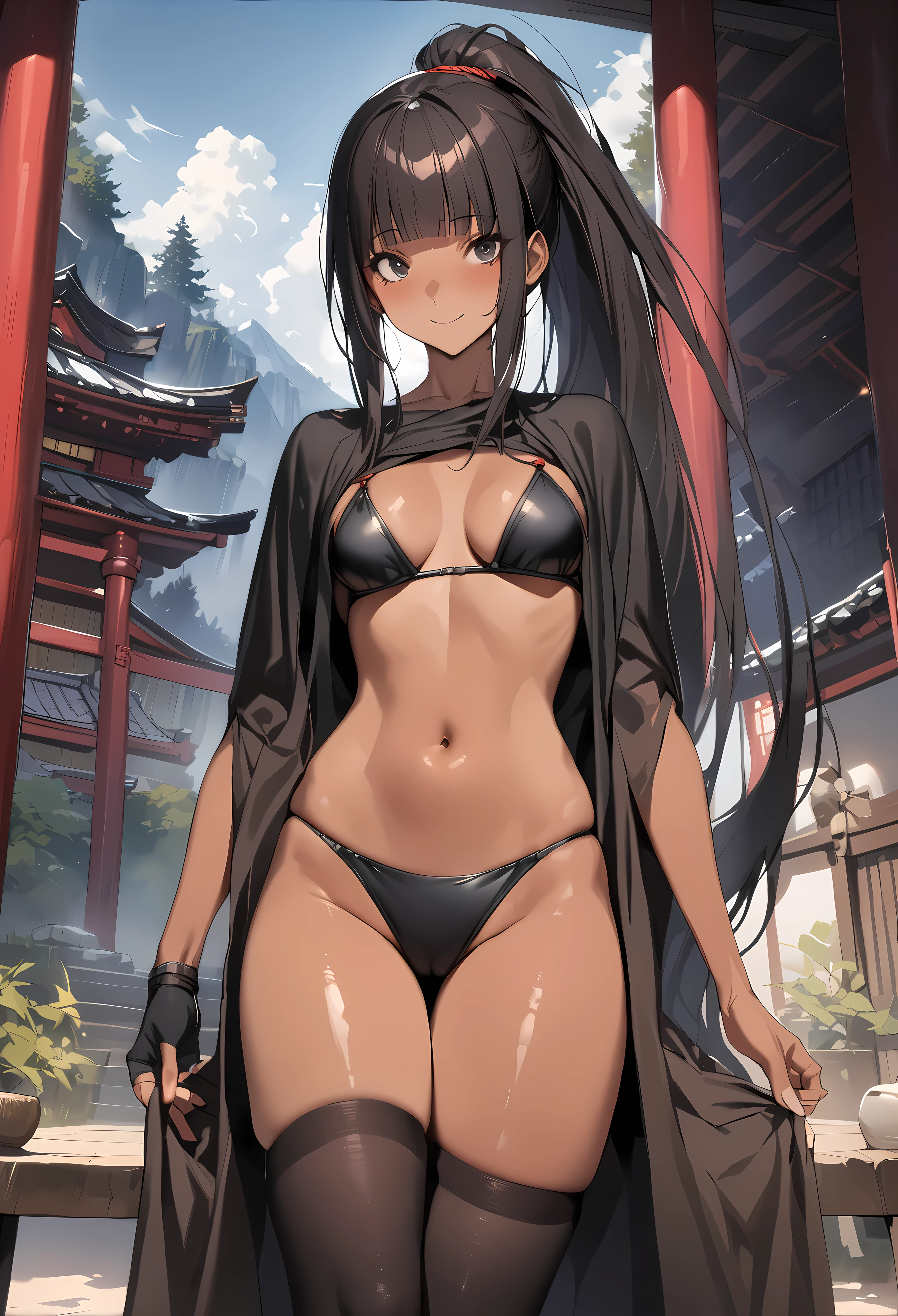 ((masterpiece,best quality anime,Highest quality:1.3)),realistic,cowboy shot,(25 year old beauty),Female ninja,1woman,solo,((very small head:1.4)),((very long body:1.3)),black hair,bangs,(long ponytail hair),gorgeous big eyes,black eyes,smile,((tan skin:1.5)),(Black bikini bra、navel、black_loincloth,black_thighhighs,black_cloak,black fingerless gloves),((slender body:1.3,skinny)),,medium breasts,gleaming skin,shiny skin,Old shrine in the mountains、Moonlit Night、