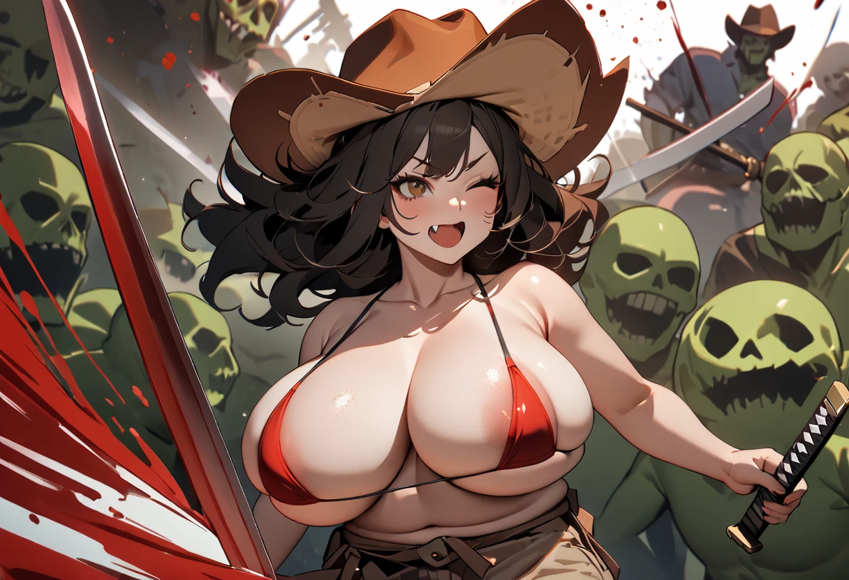 8k, super detail, best quality, 1girl, Full body portrait, (Big Breasts, Plump, Micro Bikini, Cowboy hat, Waving a sword), Straw sandals, black hair, multicolored hair, messy hair, big hair, wince, long eyelashes, fang, drop shadow, ((Japanese sword, Slashing zombies, Zombie hordes, Blood splatter))