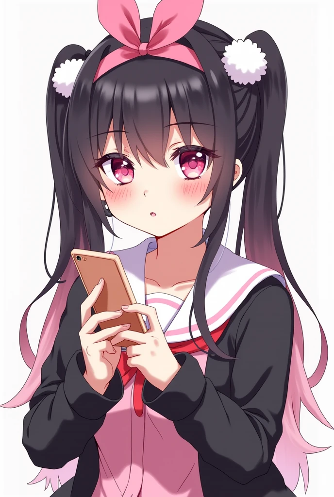 One person, Black Hair,Pink inner color,Long Hair, bangs,Half pigtails Close your mouth, Pink eyes, Droopy eyes,Take a closer look, Hearts in eyes, Simple Background, ribbon, Headband, White fluffy hair accessories, earphone, anime, anime風, skirt,Pale skin,Frills,Mine system,smartphone,Looking down,No eyebrows,Red eyeshadow on the outer corner of the eye,Pink Sailor Suit,Dark cardigan,Drooping eyes,Confused eyes