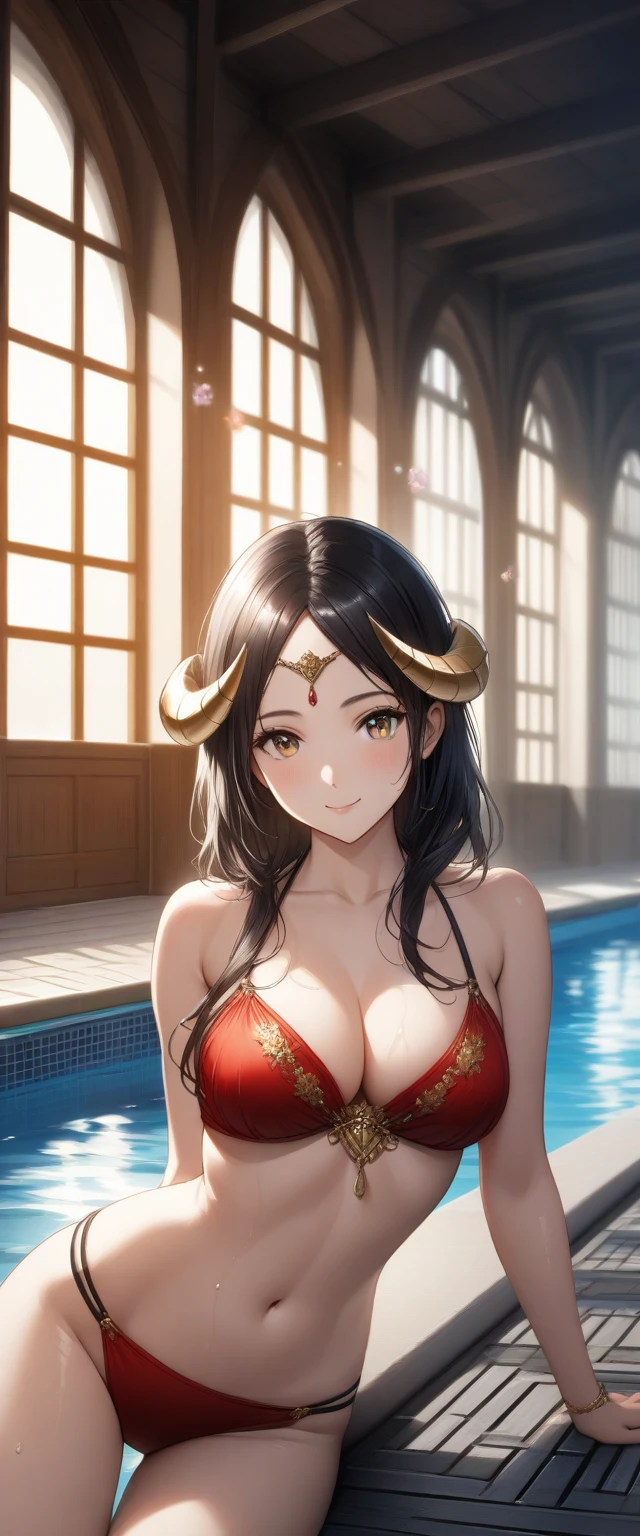 a detailed and realistic illustration of an anime-style character, a young woman sitting by the edge of a swimming pool in an indoor setting. She has long, straight black hair that flows down to her waist, with bangs neatly framing her forehead. Her hair is adorned with black and gold ornamental accessories resembling horns on both sides, adding a slightly fantasy-like element to her appearance. She has a fair complexion with slightly flushed cheeks, giving her a healthy and vibrant look. Her eyes are large, almond-shaped, and bright red, radiating a cheerful and friendly expression. She is smiling warmly, with a slight blush on her cheeks, giving her an inviting and relaxed demeanor. The character is wearing a revealing red bikini with black straps. The bikini top is designed with thin black straps crisscrossing above her chest and around her waist, connected by small golden diamond-shaped accessories. The bikini bottom is similarly detailed, with black straps resting on her hips and connected by the same golden diamond-shaped ornaments. Her body is slightly wet, indicating she has just come out of the pool, with small water droplets visible on her skin, adding a realistic touch. Her pose is casual and relaxed, with one hand resting on the pool's edge and the other by her side. Her body is curvy and well-defined, with a voluptuous figure that highlights her feminine features. The background should depict an indoor pool area with natural light streaming through large windows, casting soft shadows and reflections on the water. The environment is calm and serene, with plants and poolside furniture subtly visible in the background to create a cozy atmosphere