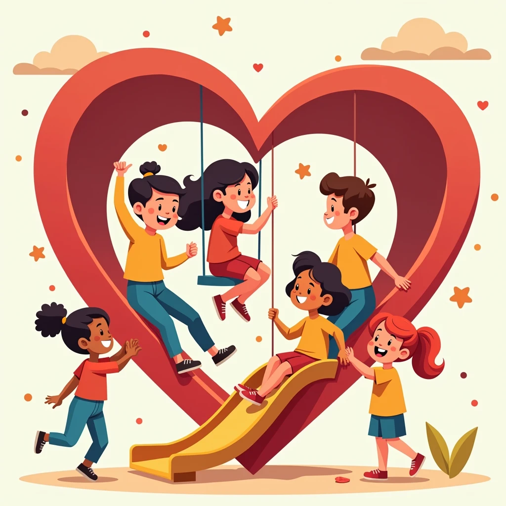 a cartoon image of multi-ethnic children playing inside a red heart shaped silde and swing
