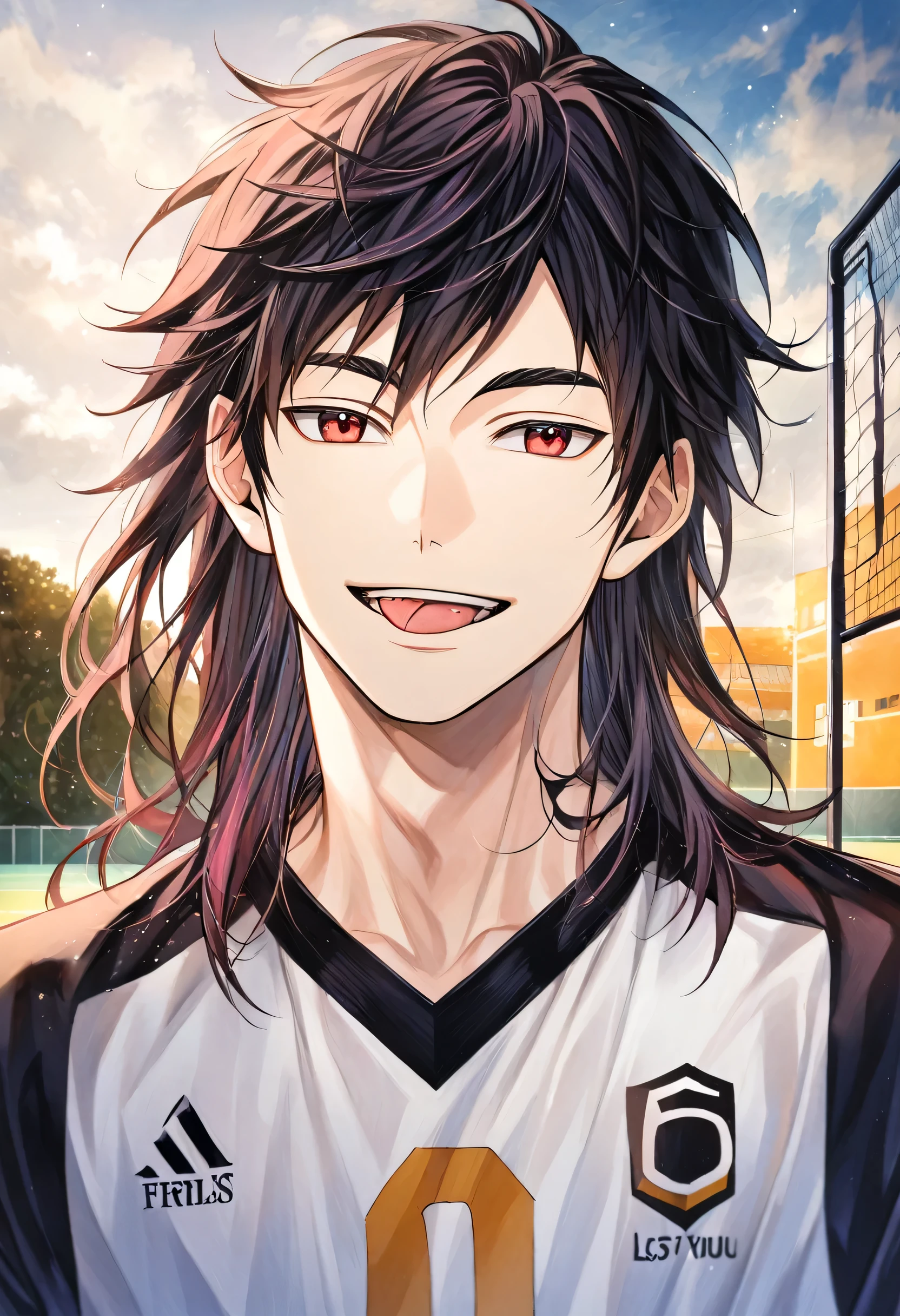 haikyuu style boy smiling,with white layered hair (hair down to the nape of the neck and longer sideburns with pink streaks)red eyes (Lost look)with a piercing on the tongue,nose and eyebrow with Shiratorizawa haikyuu uniform anime style(background of a volleyball court) Full body with Shiratorizawa volleyball uniform with number 5