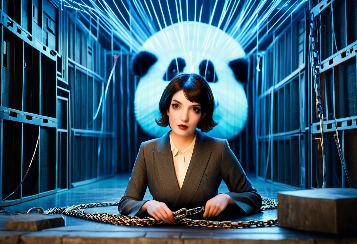 ((beautiful woman very short bob hair, dark hair, dark brown eyes, pale skin, hyper realistic, lifelike texture)), (large stuffed panda being dragged on a leash), A chaotic construction site with smoldering, melted GPUs scattered among tangled wires and broken server racks, illuminated by sparks and flickering emergency lights, surrounded by "404 Error" and "Site Under Maintenance" holographic projections floating in the air, shattered glass-like fragments of websites suspended in mid-air, a surreal landscape of error messages and loading screens stretching to the horizon, mind-bending optical illusions and impossible geometries warping the scene, vibrant neon colors clashing with muted, burnt-out tones, hyper-detailed textures and photorealistic rendering, dramatic lighting with strong contrasts and lens flares, extreme wide-angle perspective with deep depth of field, cinematic composition following the rule of thirds, intricate foreground elements drawing the eye into the image, 8K resolution, ultra-sharp focus, award-winning digital art, trending on ArtStation, mind-shattering, reality-defying, breathtakingly surreal, ((beautiful woman very short bob hair, dark hair, dark brown eyes, pale skin, hyper realistic, lifelike texture)), (large stuffed panda being dragged on a leash),
