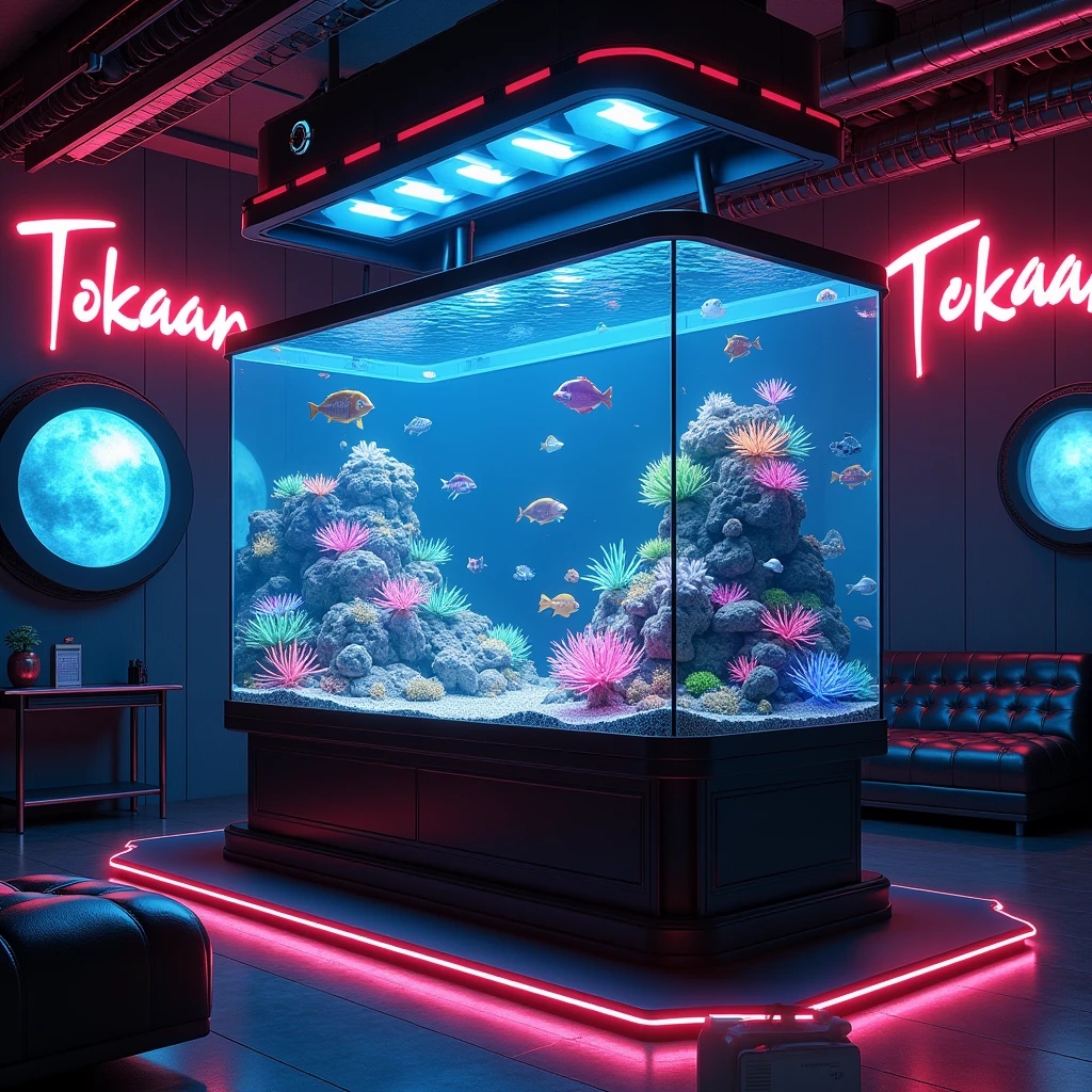 In a room there is a cyberpunk aquarium, with neon lights, a TV and it says TOKAAN on the wall