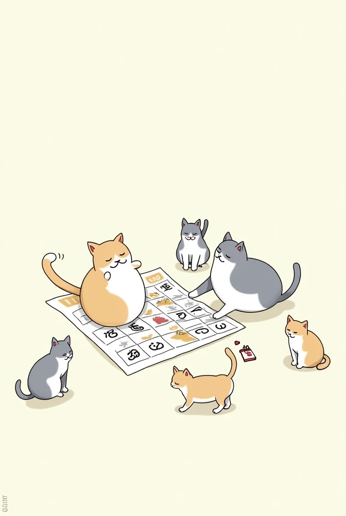 (pixelated low quality pen one line doodles no color) 2 lazy cats playing bingo while other 3 cats watch them
