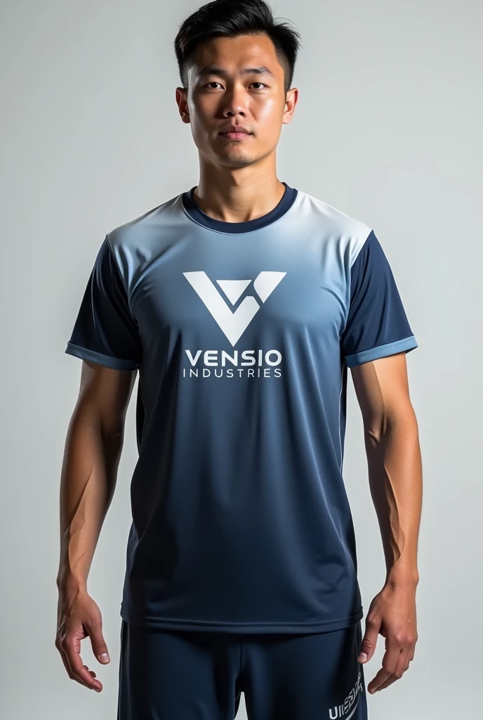 create sublimated badminton shirt with VENSIO INDUSTRIES logo letters on it without wearing with 1:1 ratio