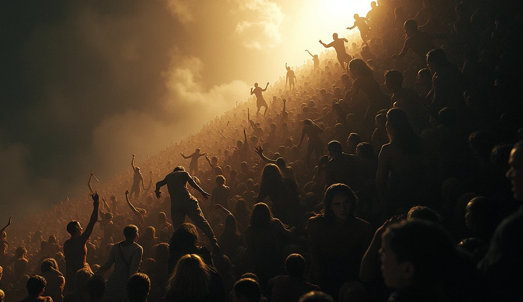 Realistic photo of A chaotic scene of countless people desperately climbing over each other, stepping on each other, creating a towering pile of humans. The crowd is struggling to reach the top, where a divine light shines down from above. The atmosphere is dark and serious, with a stark contrast between the shadows and the radiant light at the summit, cinematic, gritty intense