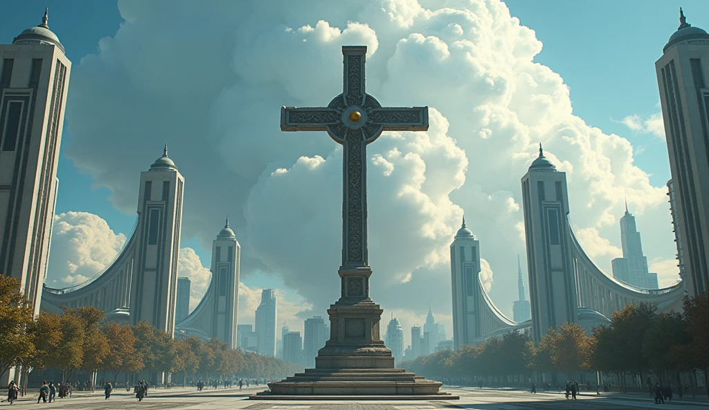 cross in focus and center, urban science fiction landscape with christ church in the background, huge cloud, detailed wide shot, photorealistic