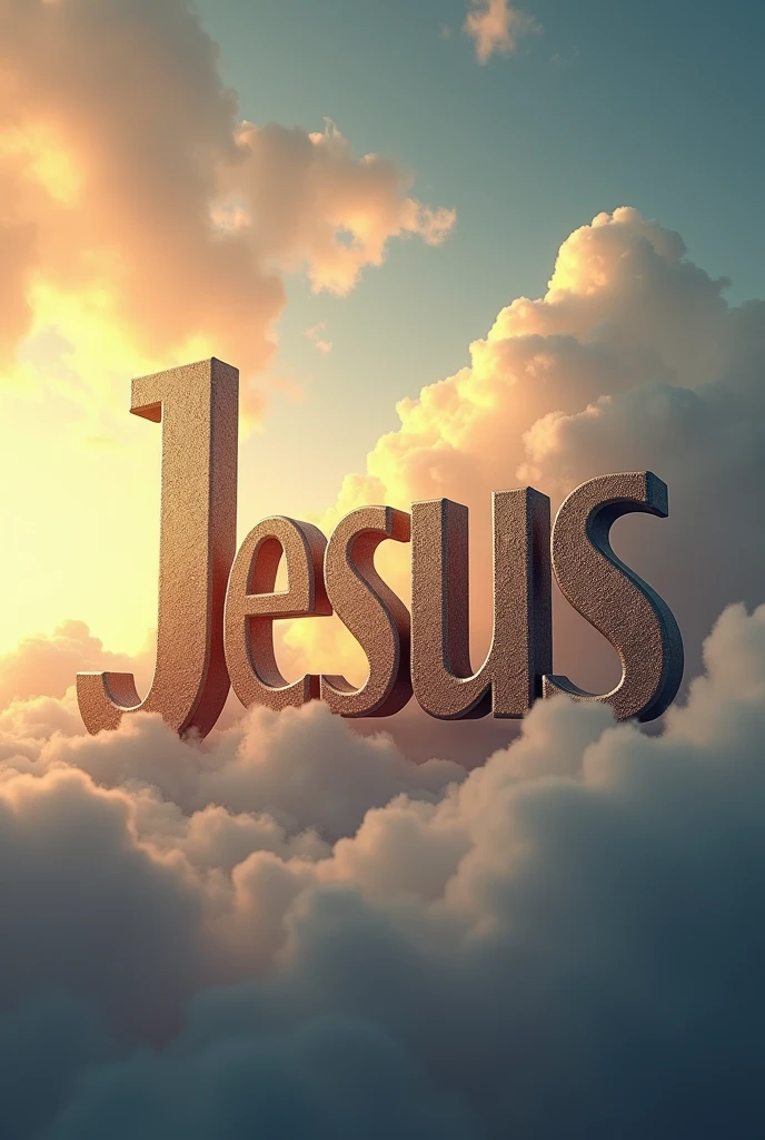 Create a striking image with the name "jesus" in big letters, thick and in 3D, combining an imposing effect with a soft touch. Letters should have a metallic or stone texture and a subtle celestial glow that enhances their presence.. The background should be a dramatic sky at dawn., with a palette of soft golden and blue tones, creating a contrast that highlights the grandeur of the name while maintaining a sense of tranquility and reverence.
