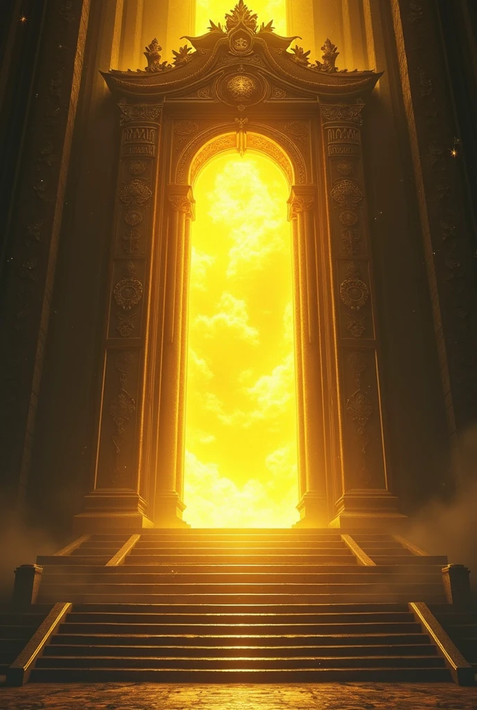 A LARGE  DIVINE GATE THAT IS BEAUTIFUL YELLOW BRIGHTNES, 10  STEPS TO DIVINE WORLD ,BLACK BACKGROUND