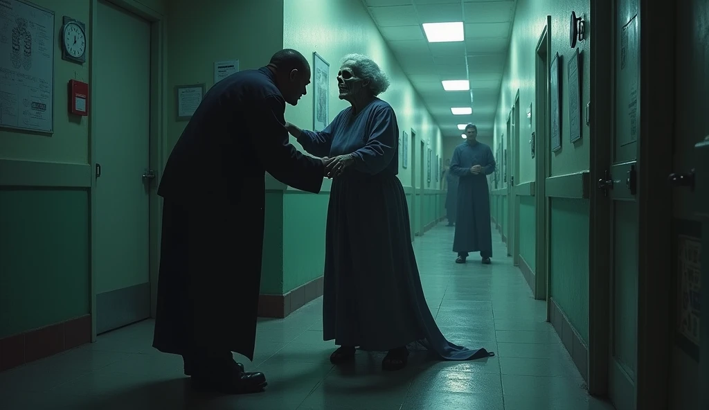 A sinister scene shows a hospital security guard grabbing the arm of an elderly woman who was trying to escape, just as she begins to reveal her true skeletal face (The woman was actually a representation of death). The tension is palpable, with shadows playing tricks on the viewer's mind, making you question what is real, atmosphere of fear and horror.