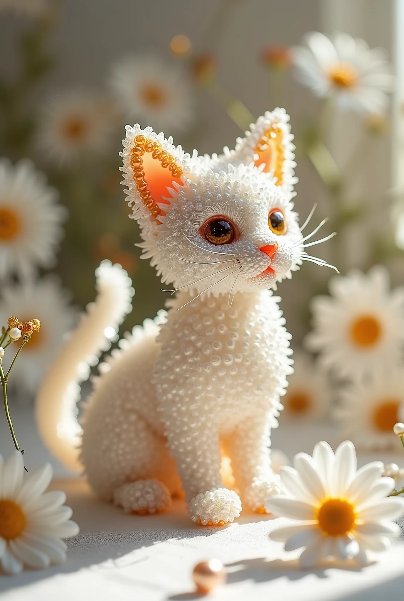 Animal chat En perle de rocaille en verre de tchèque blanc nacre et or nacre. high quality. 8k resolution. Decorated around daisies and a few scattered pearls.