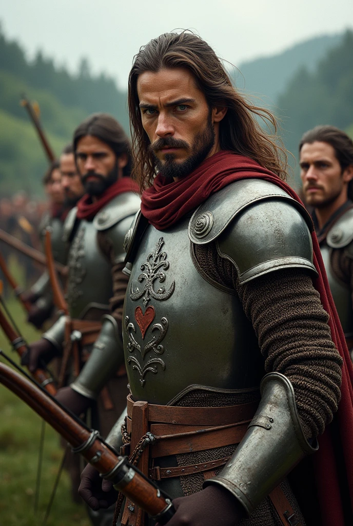 Short Italian soldiers, 27 years old, long brown hair, gray eyes, wearing sturdy medieval armor. The soldier holds a bow of arrows