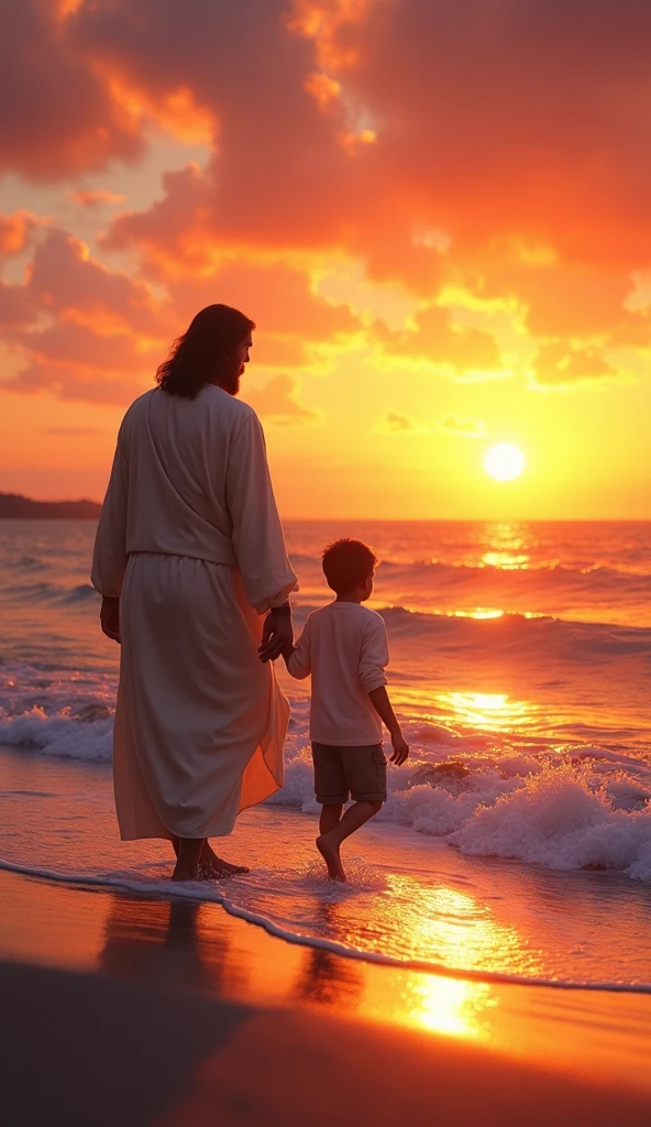 Jesus and a small boy walking near the Seashore facing towards the sea where waves touching their feet with a red orange sunset by the sea and the sea taking the color of the suset