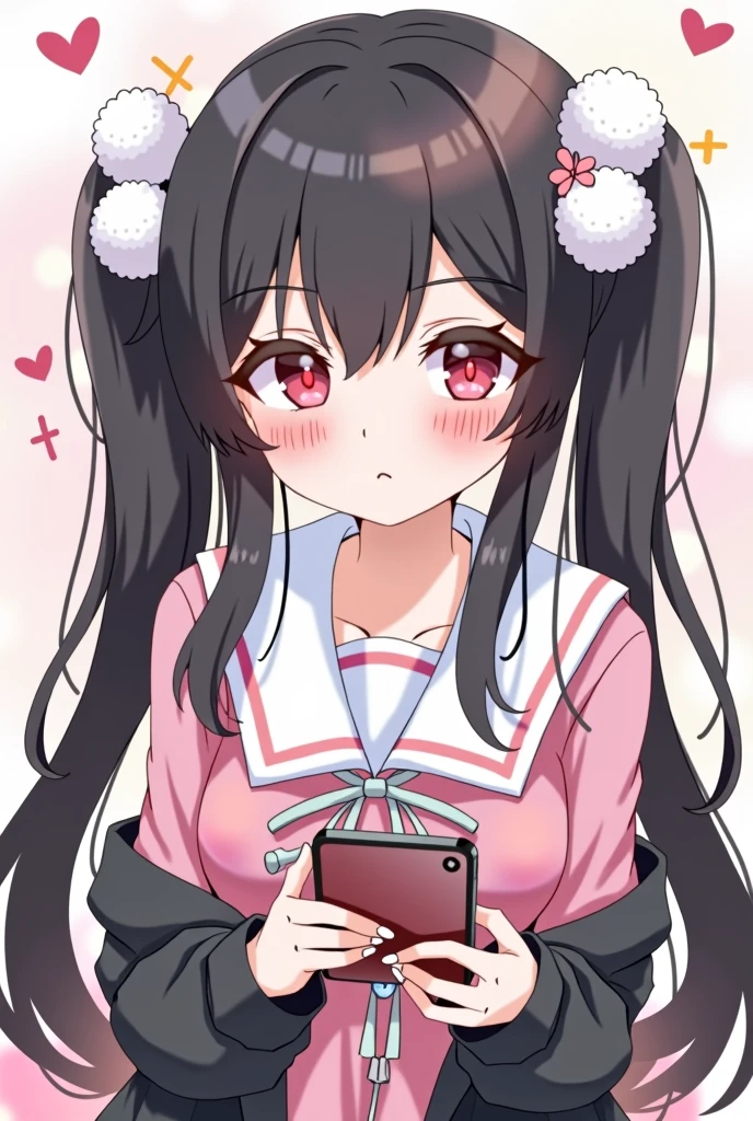 One person, Black Hair,Pink inner color,Long Hair, bangs,Half pigtails Close your mouth, Pink eyes, Droopy eyes,Take a closer look, Hearts in eyes, Simple Background, ribbon, Headband, White fluffy hair accessories, earphone, anime, anime風, skirt,Pale skin,Frills,Mine system,smartphone,Looking down,No eyebrows,Red eyeshadow under the eyes,Pink Sailor Suit,Dark cardigan,Drooping eyes,Confused eyes