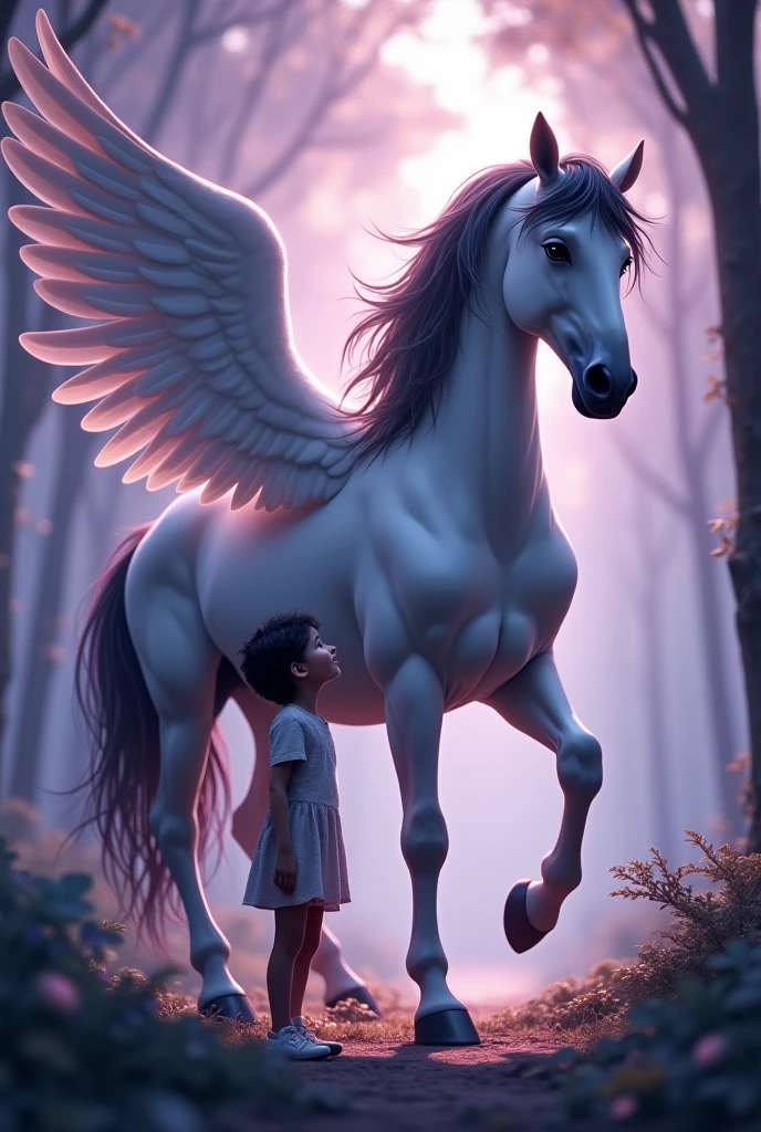 Pegasus with gray streak and black mane, half spread wings, girl under one of its wings, ethereal purple world.