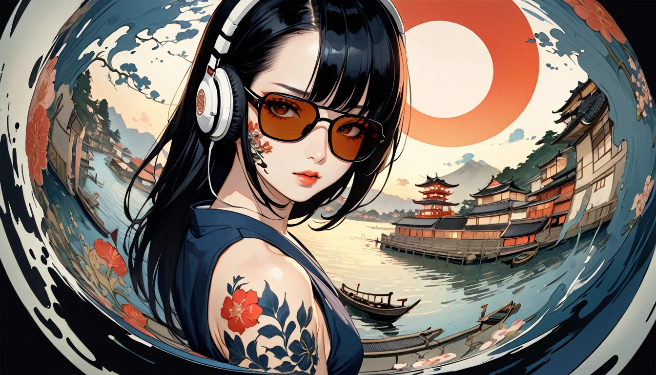 fisheye, Ink Painting, (((1 girl))), (((Tattoo on face))), sunglasses, Japanese style headphones, beautiful girl, Black Hair, Delicate and precise, Modern ukiyo-e style, Dark image