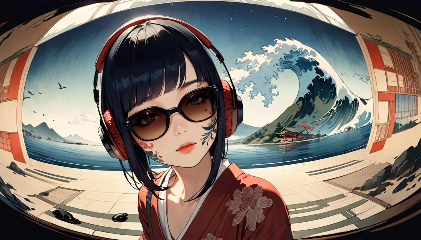 fisheye, Ink Painting, (((1 girl))), (((Tattoo on face))), sunglasses, Japanese style headphones, beautiful girl, Black Hair, Delicate and precise, Modern ukiyo-e style, Dark image