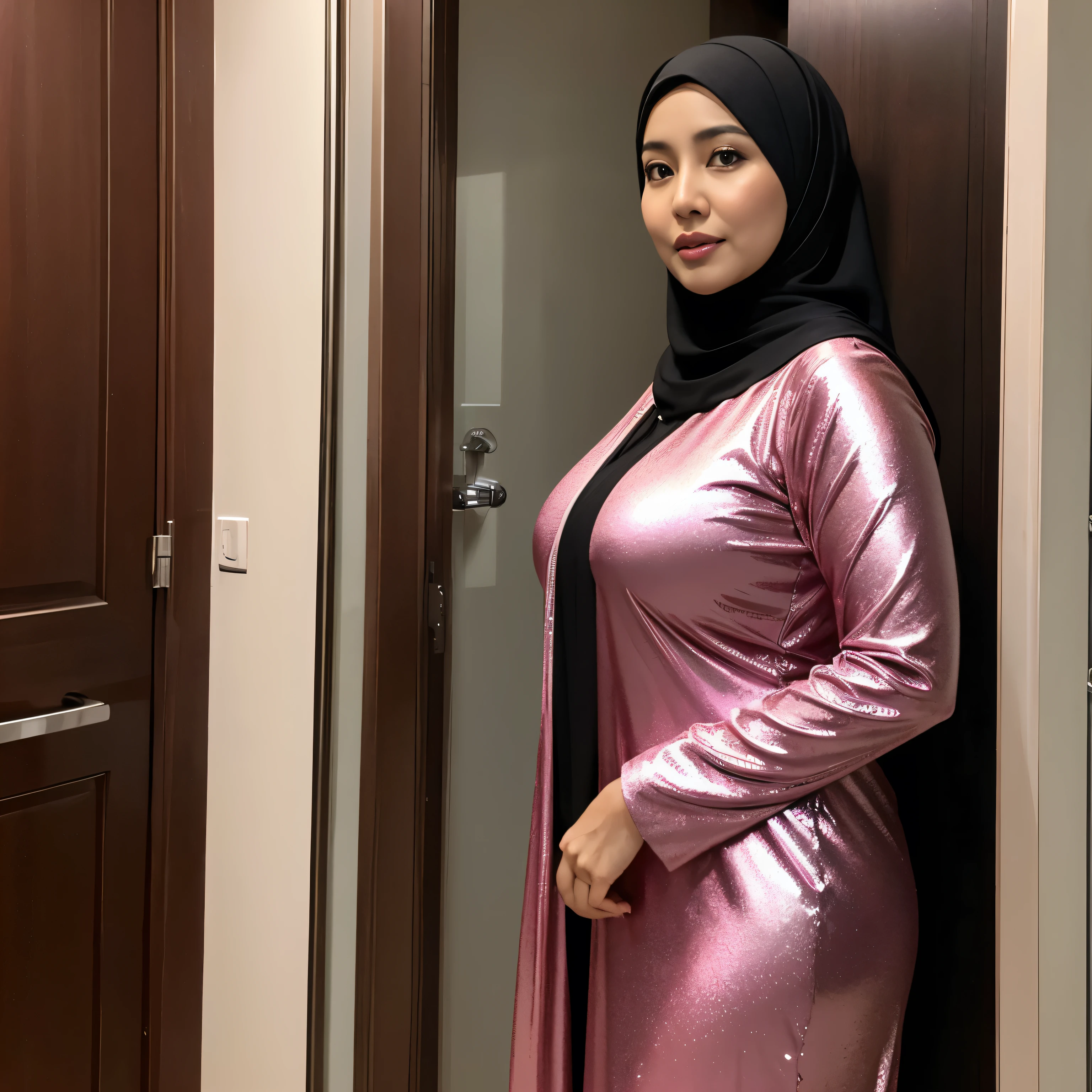 50 years Old, Hijab Indonesian mature woman, Big Tits : 32.9, ((Shiny Tits)), Gamis, Curvy Body, Breast about To burst out from her clothes, at doctor office, Dark light, at Nighttime.