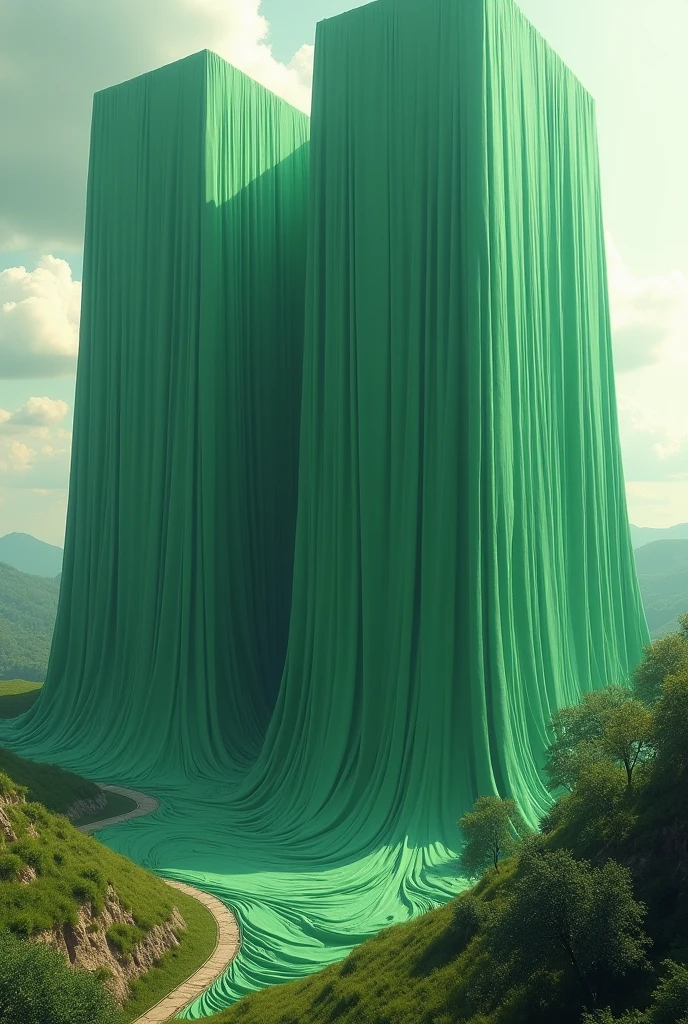The wearing emerald green satin giant eating buildings,relaistic view