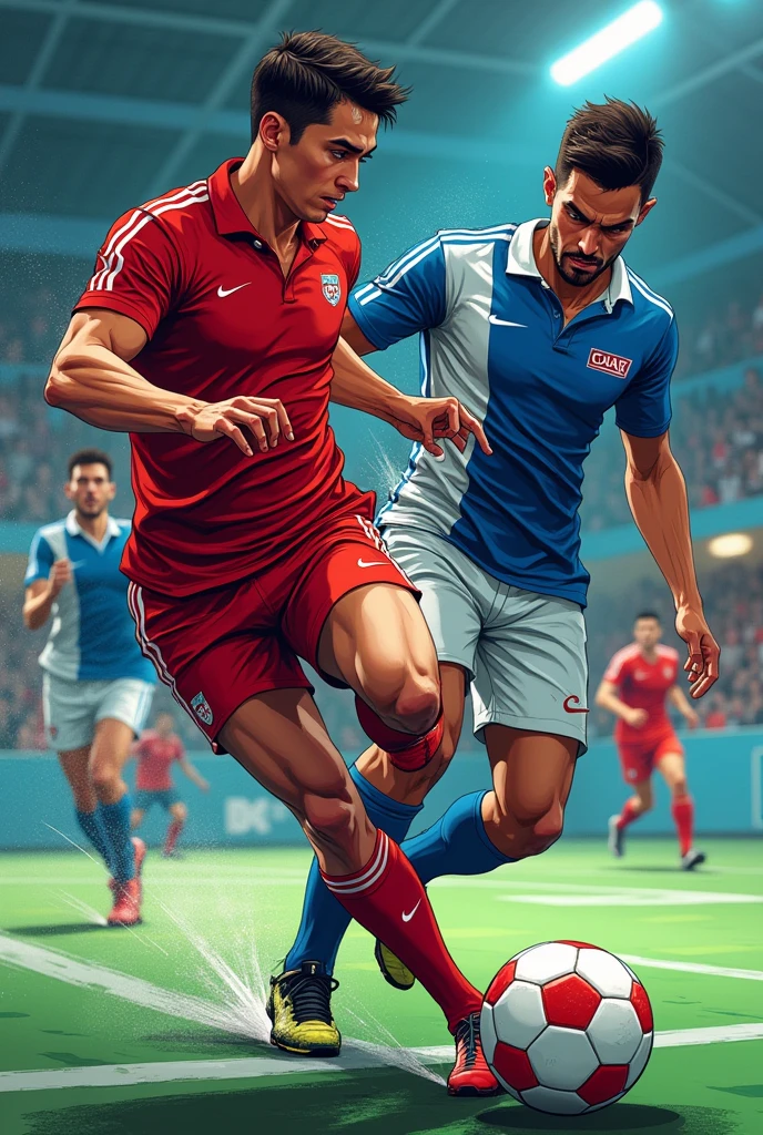 A player from the rival team, with his shining red polo shirt, advances quickly towards the COAR goal. Just as he prepares to shoot, Franklin, with the blue and white polo of COAR, launches itself to the ground in a daring slide, looking to snatch the ball away. The impact is strong, with kinetic lines that highlight the speed and strength of movement COMIC FORMAT ON A FUTSAL FIELD
