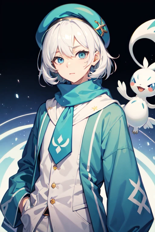 I want to create cute character illustrations.。
Character details: Bob hair, white hair、Eye color: One eye is light blue、He has one grey eye and wears a white scarf.。

He is wearing a beret and is wearing a white shirt and blue tie.、
I'm wearing a light blue cardigan。

My gender is。　Please draw me with Pokémon Paojian