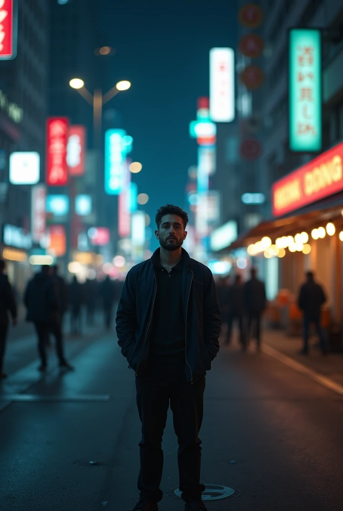 man standing alone in the middle of a bustling city street at night. The scene is filled with glowing city lights, neon signs, and the distant hum of traffic. The man looks desolate and contemplative, with his shoulders slumped and a forlorn expression on his face. In the background, blurred figures of passersby and the bright cityscape contrast with his solitude. The mood of the image should evoke a sense of loneliness and abandonment amidst the vibrant urban environment