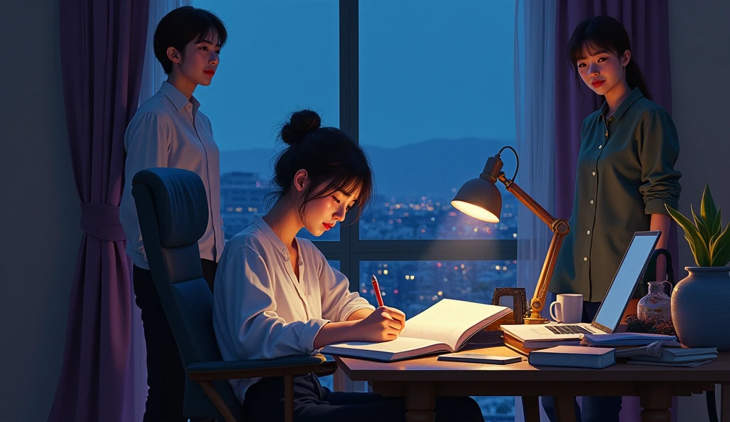 A stunning oil painting of a young beautiful Korean woman studying, beautifully portrayed with a lost and melancholic expression. In the soft glow of a study lamp, a she sits in her comfortable chair, surrounded by the organized chaos of study materials. Her desk is cluttered with open books, a laptop, and a mobile phone, each item a tool in her quest for knowledge. her elderly parents standing behind her feels proud at her, The window beside her at a distance, reveals the deep blue of night time, with the city lights faintly glimmering in the distance. The room is bathed in a warm, focused light that contrasts with the cool darkness outside, creating a serene, studious atmosphere., adding to the sense of unease. The painting exhibits a dream-like, impressionistic style, with visible brushstrokes that create a sense of depth and texture. The color palette primarily consists of deep purples, greys, and blacks, evoking a depressive atmosphere. side view , wide shot