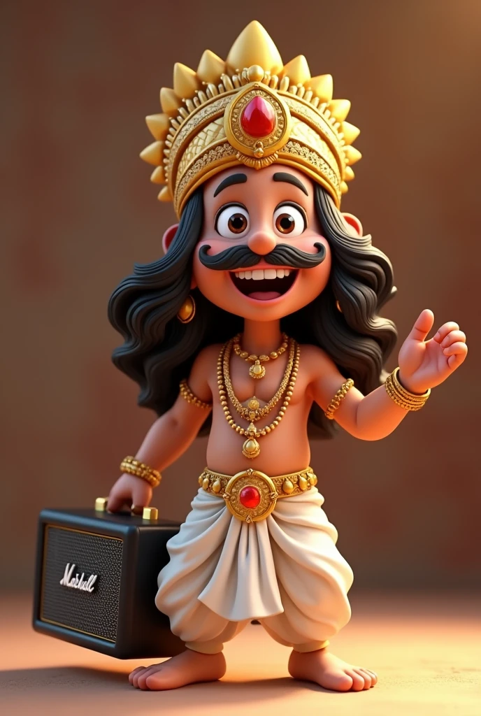 "It appears to depict a 3D animated character, likely styled after traditional Indian royalty or a deity, with exaggerated features for a comedic or friendly effect. The character is a male, with a broad smile, wide eyes, and a bushy mustache. He is wearing a golden crown adorned with red jewels and has long, wavy black hair. His attire includes a white dhoti, various gold jewelry like necklaces, earrings, and bracelets, and he is holding a Marshall speaker in his left hand. His expression is joyful and surprised, with his right hand gesturing as if he's excited or amazed by something. The overall style is vibrant and cartoonish."