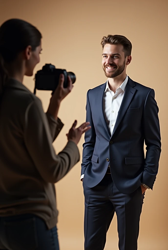 "Generate a high-quality photo of an audition setting where a person is in front of a female photographer. The scene should capture a professional yet approachable atmosphere. The person should be dressed in smart, casual attire, exuding confidence and poise. The female photographer should appear focused and engaged, holding a camera and giving encouraging feedback. The background should be clean and neutral to keep the attention on the interaction. Ensure the lighting highlights the person’s features and creates a warm, inviting ambiance."