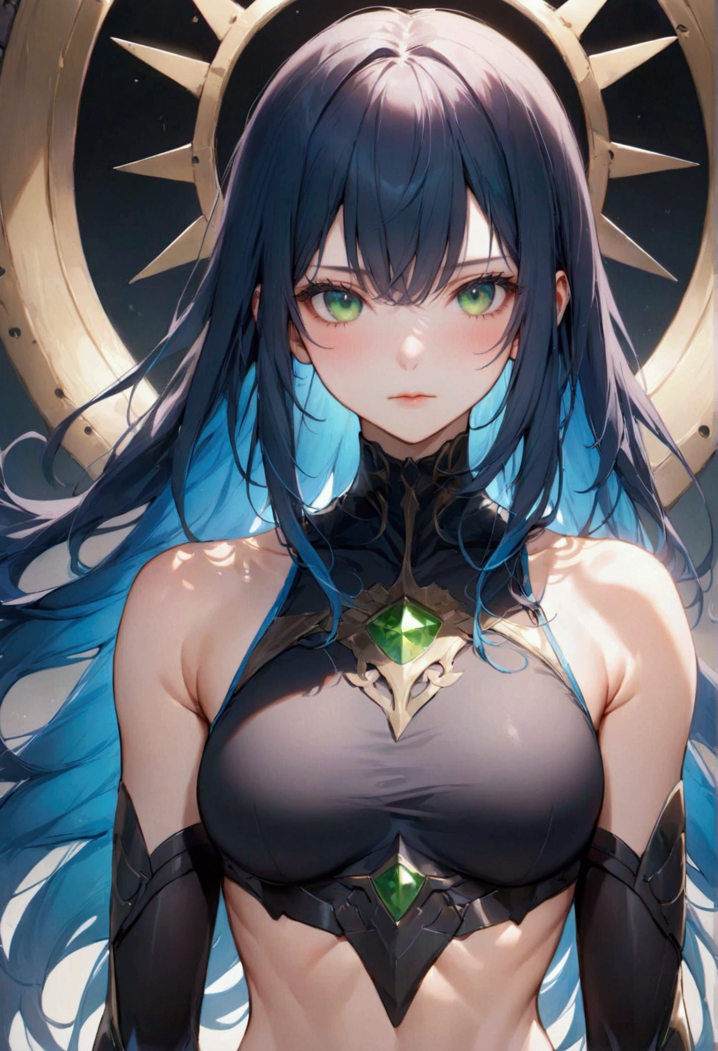 A girl with long straight blue hair,green eyes, fair skin tone, slender and athletic built, warrior, detailed hair, detailed body, best quality, aesthetic,8k