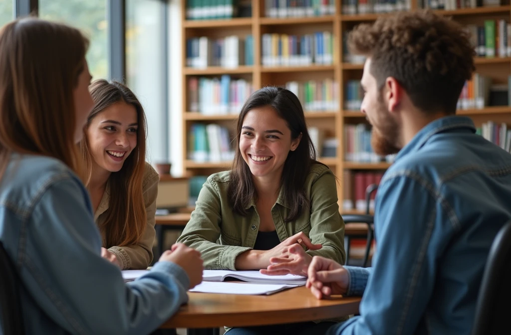 realistic image of Diverse group of young people chatting in college library including female student with disability