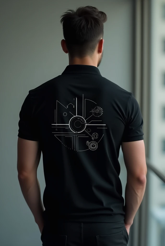 Polo shirt, black , com desenho minimalista
na partistry de tras, artistry , design of systems, networks and software .