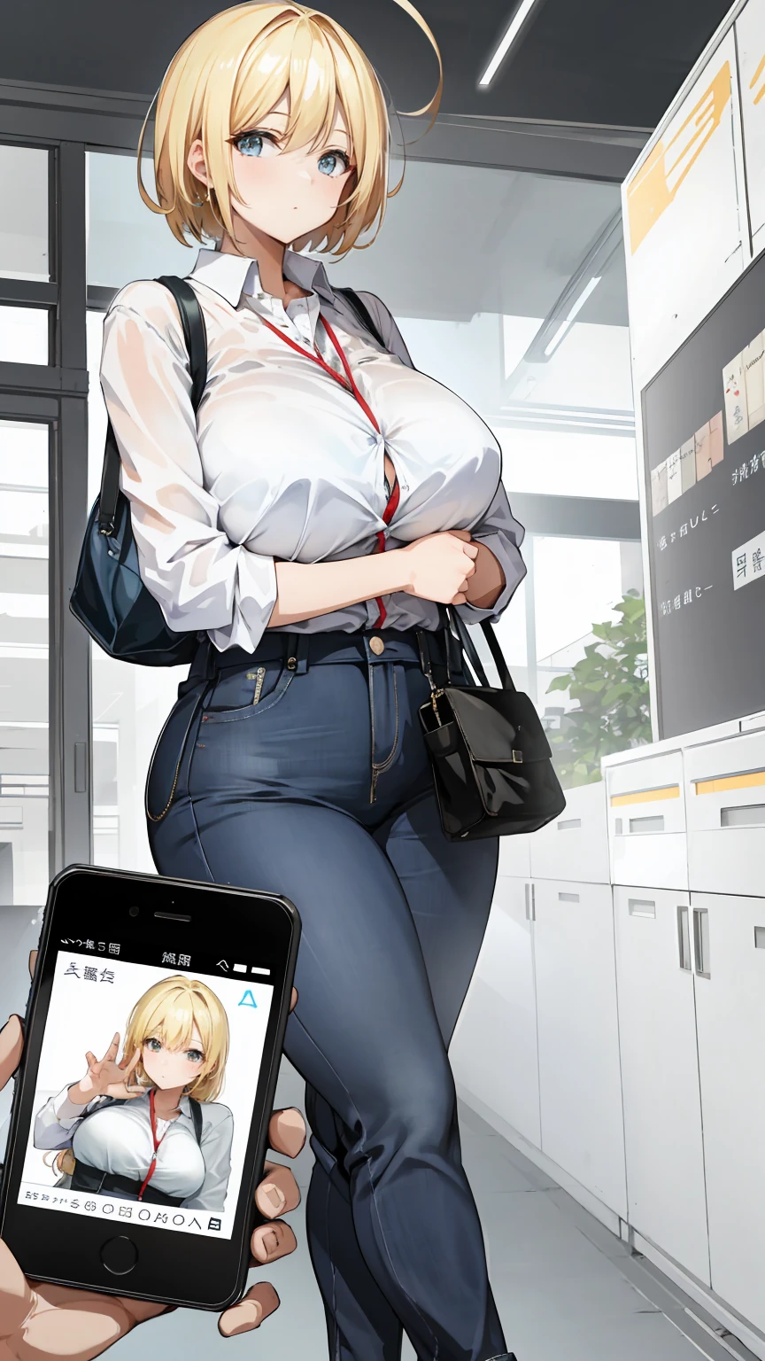 A photographture_Compare,Huge ,(Mature Woman:1),Telephone,携帯Telephone,smartphone,Handheld,photograph、Date、Casual wear、crater　smartphone画面はスケベな顔, Blonde