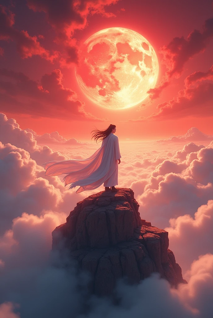 Page 1:
The scene opens in a world of immortals. The sky is deep red, clouds swirl like dragons, and the energy of the wind is thick and palpable. The young immortal “Bai Chen” stands on the highest peak of the mountain, looking down at the sea of clouds below. He wears a long white robe, his long hair fluttering in the wind, and the spiritual energy around him radiates powerfully. Bai Chen (Think to yourself): “I have reached the peak of cultivation in this world… but why do I still feel like something is missing??”