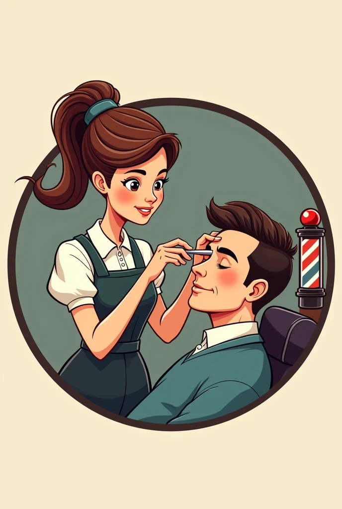 Woman shaving animated man for a barbershop logo with round frame