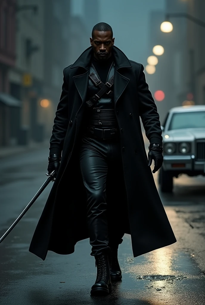 Hiper focus, wesley snipes como Blade (marvel) walking down a dark street at night, sword in one hand, black man wearing a black overcoat, an impala in the background, black military vest, black military pants, black combat boots, short black hair, ultra realisitic, Reality, hiperReality